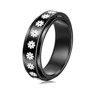 Black White Stainless Steel Daisy Flower Spinner Ring Floral Band